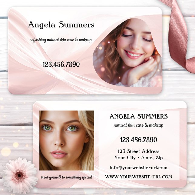Tarjeta De Visita Dreamy Pink Natural Beauty Makeup Artist (A dreamy pink business card featuring an elegant abstract design with your photos on front and back)