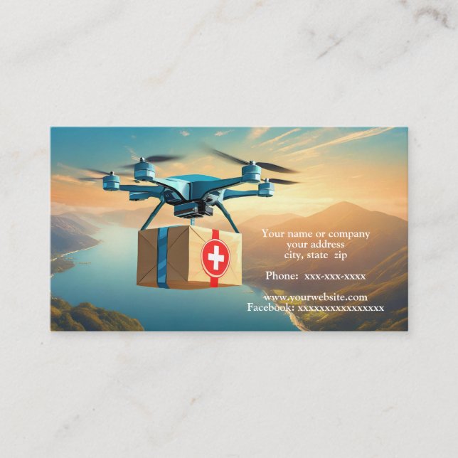 Tarjeta De Visita Drone en el cielo con un paquete (Anverso)