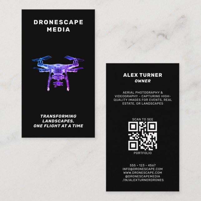 Tarjeta De Visita Drone UAV Piloto Fotografía QR Código moderno Negr (Anverso / Reverso)