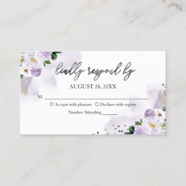 Tarjeta De Visita Dulce 16 Acuarela Púrpura Floral RSVP Gabinete (Anverso)