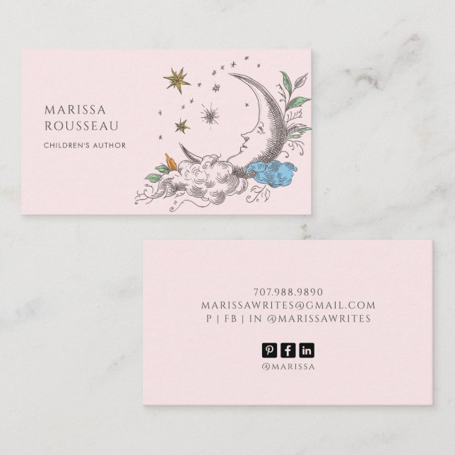 Tarjeta De Visita Dulce Autor Infantil de Luna Celestial Rosa (Anverso / Reverso)