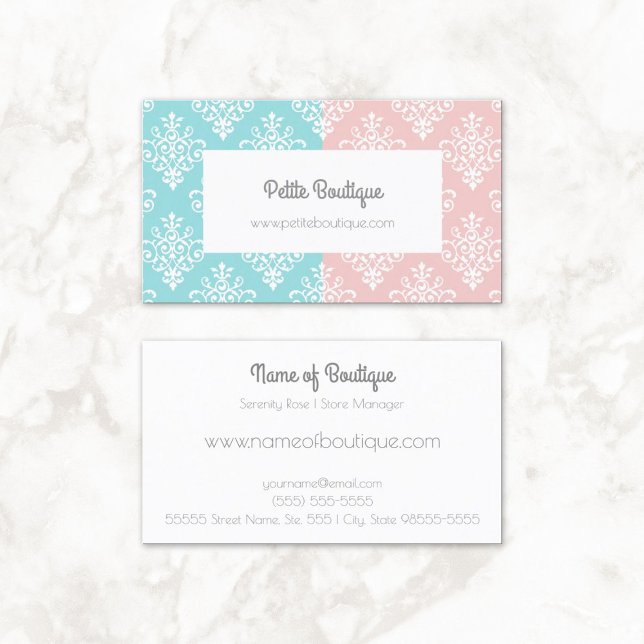 Tarjeta De Visita Dulce pastel rosa y azul Damask Boutique (Sweet Pastel Pink and Blue Damask Boutique Business Cards)