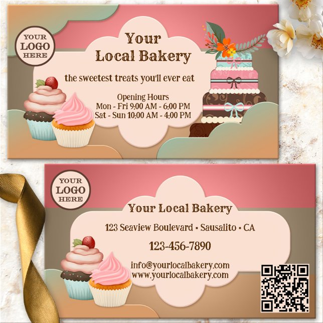 Tarjeta De Visita Dulce Retas Pastel Panadería (Sweet bakery business card showing a retro design with cupcakes and a large wedding or birthday cake)