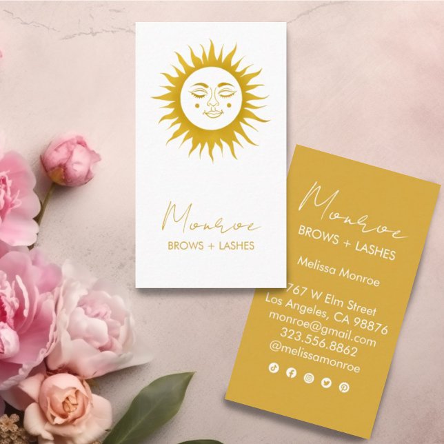 Tarjeta De Visita Dulce Sunshine Boho Golden Elegant Iconos sociales (Sweet sunshine decorates these custom golden business cards. Add your own text and edit social icons)