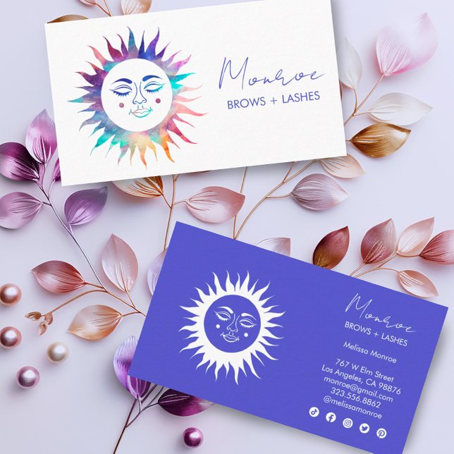 Tarjeta De Visita Dulce Sunshine Rainbow Boho Elegantes iconos socia (Pretty rainbow colorful sunshines decorate these custom business cards with social media icons)