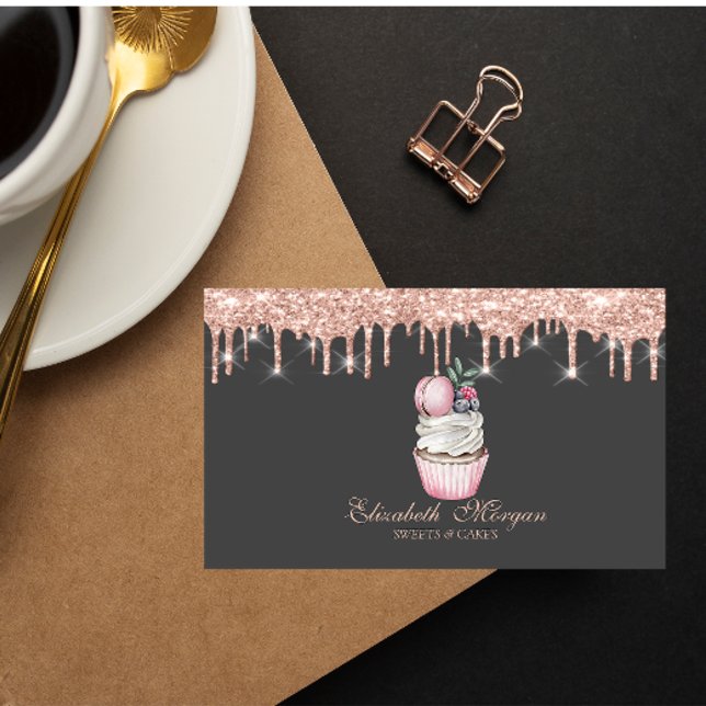 Tarjeta De Visita Dulces Cupcake Macarón Drips Rosa Oro Panadería (Subido por el creador)