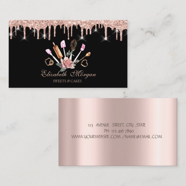 Tarjeta De Visita Dulces, gotas de oro rosa Herramientas de panaderí (Anverso / Reverso)
