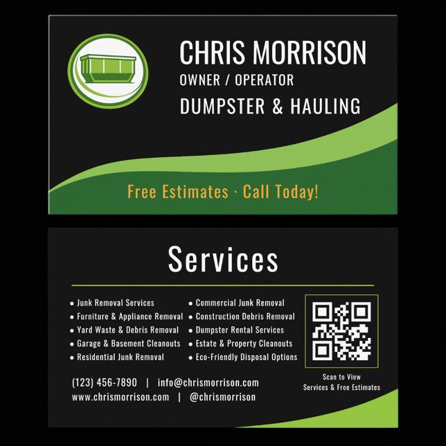 Tarjeta De Visita Dumpster and Hauling QR Code Business Card (Subido por el creador)