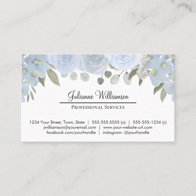 Tarjeta De Visita Dusty Blue Floral Simple Personal Profesional (Anverso)