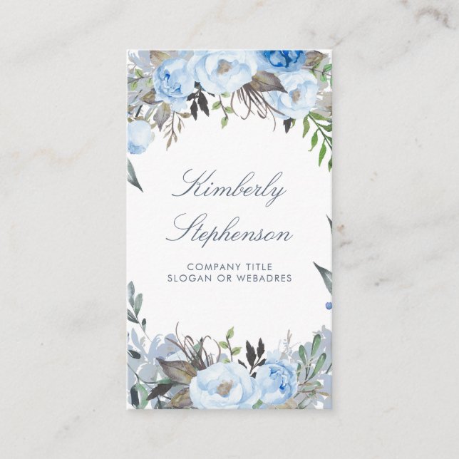 Tarjeta De Visita Dusty Blue Floral Watercolor Elegante (Anverso)
