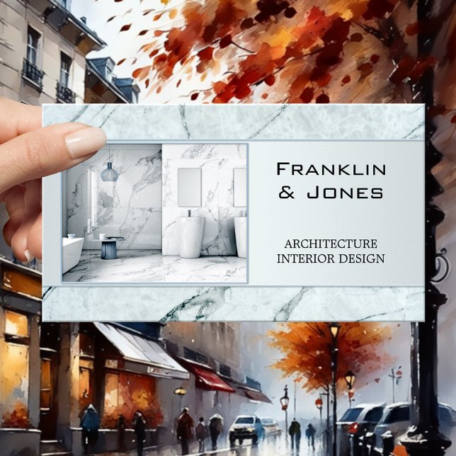 Tarjeta De Visita Dusty foto de diseño interior de arquitecto de már (Business card featuring your photo framed by a modern pastel blue marble style design - architecture)