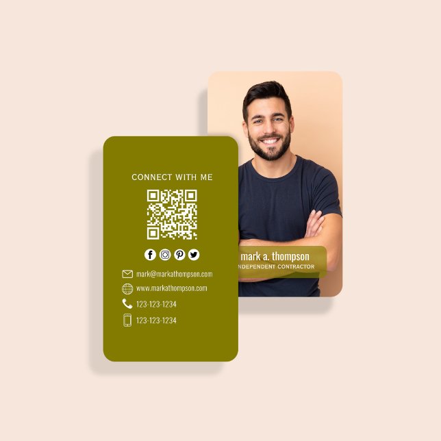 Tarjeta De Visita Earth Tone Photo QR Code Connect With Me (Olive green QR code card with photo and clean modern contact layout)