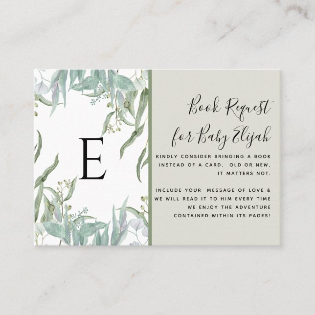 Tarjeta De Visita Earthy Eucalyptus Woodsy Foliage Baby Shower Books (Anverso)