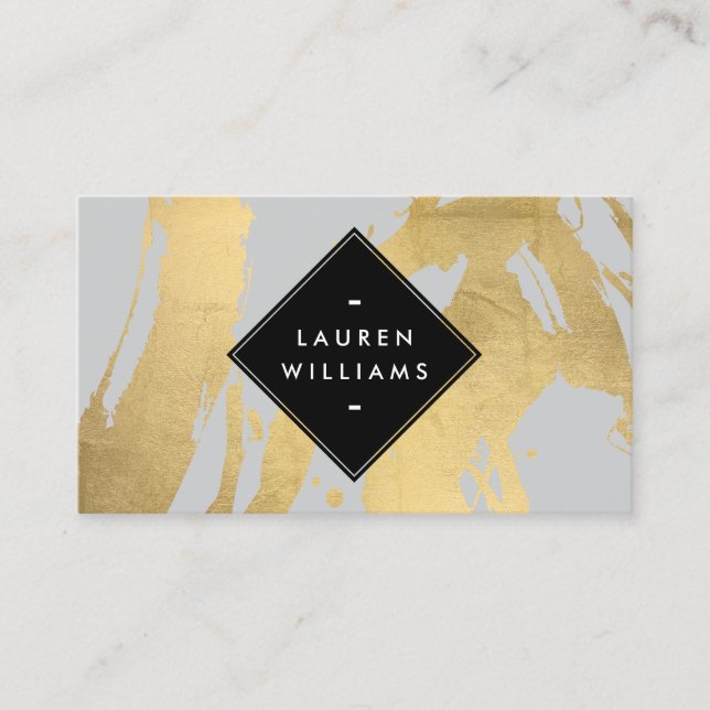 Tarjeta De Visita Edgy Faux Gold Brushstrots on Grey (Anverso)