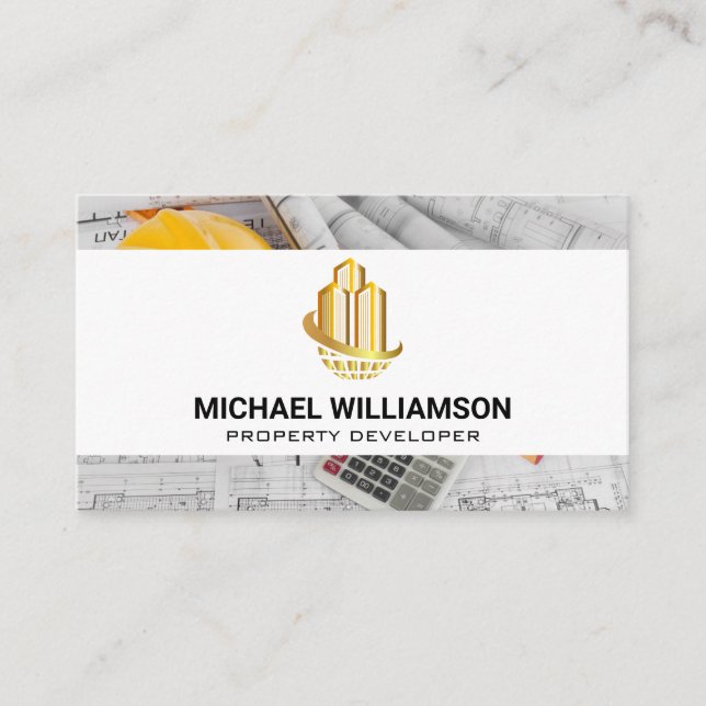 Tarjeta De Visita Edificios de rastras del cielo dorado | Blueprints (Anverso)