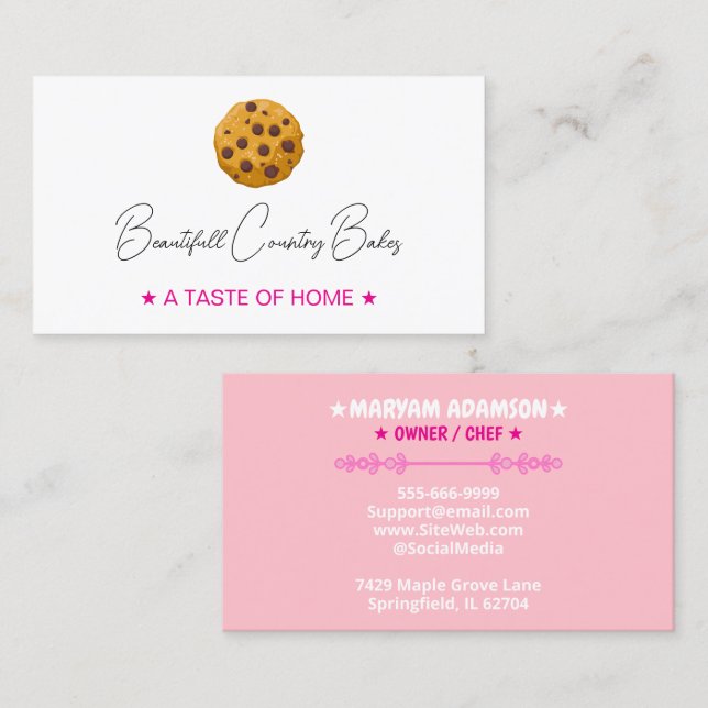 Tarjeta De Visita Editable Cookie Logo | White Pink Bakery (Anverso / Reverso)