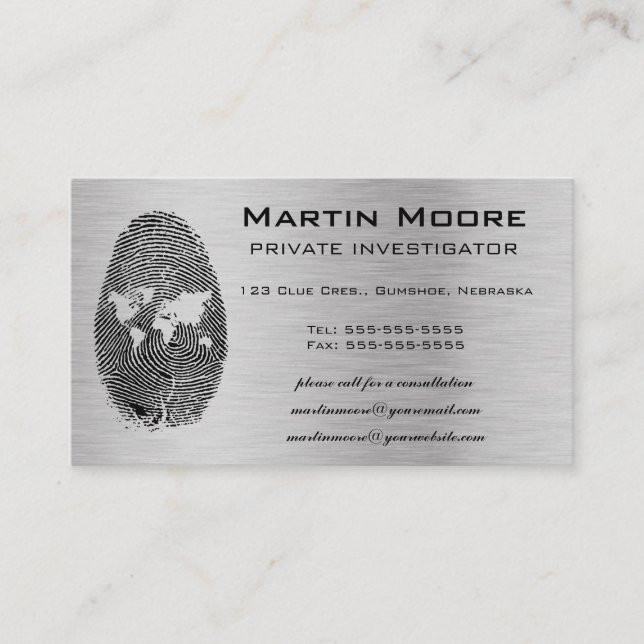 Tarjeta De Visita Editable World Fingprint Detective Privado (Anverso)
