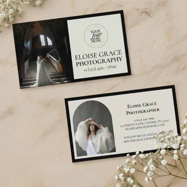 Tarjeta De Visita Editorial Photo Logo Black Business Card (Market your photography business in style with this editorial business card!)