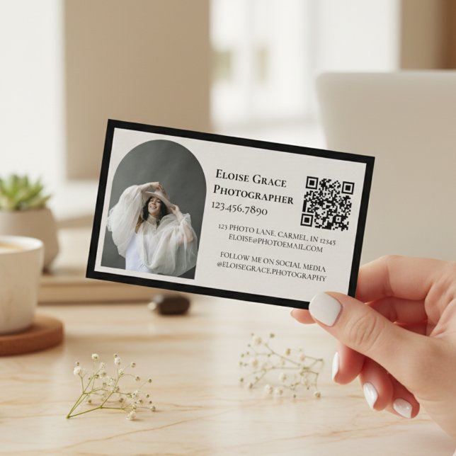 Tarjeta De Visita Editorial Photo Logo Black QR Code Business Card (Market your photography business in style with this editorial business card!)