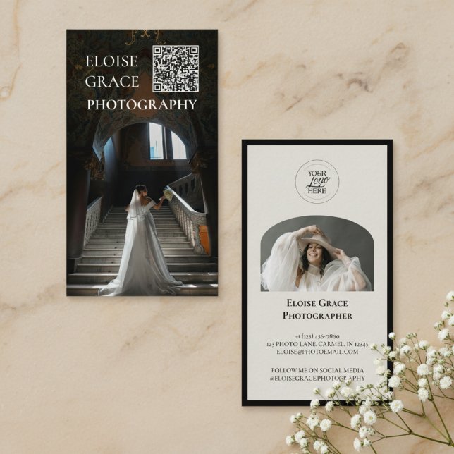 Tarjeta De Visita Editorial Photo Logo QR Code Business Card (Market your photography business in style with this editorial business card!)
