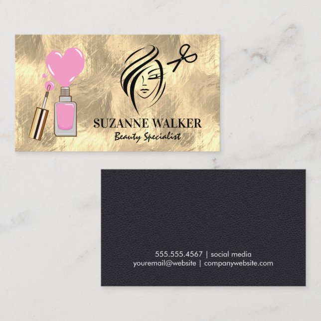 Tarjeta De Visita efecto metalizado dorado | Logo del cabello y las  (Anverso / Reverso)