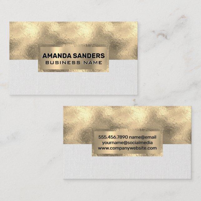 Tarjeta De Visita efecto metalizado dorado | Textura blanca de tela (Anverso / Reverso)
