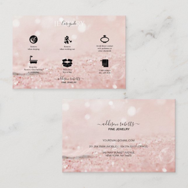 Tarjeta De Visita Efecto romántico rosa purpurina Jewelry Care Bu (Anverso / Reverso)