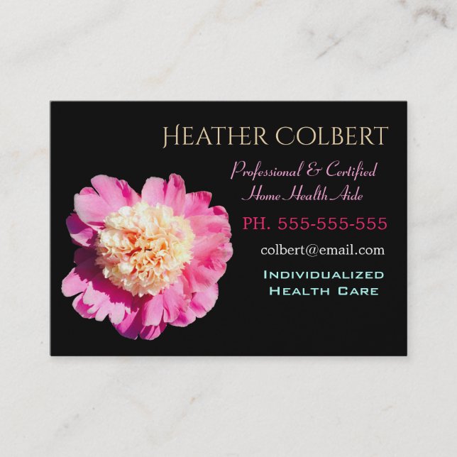 Tarjeta De Visita El cuidador Peony Pink Flower alegre profesional  (Anverso)