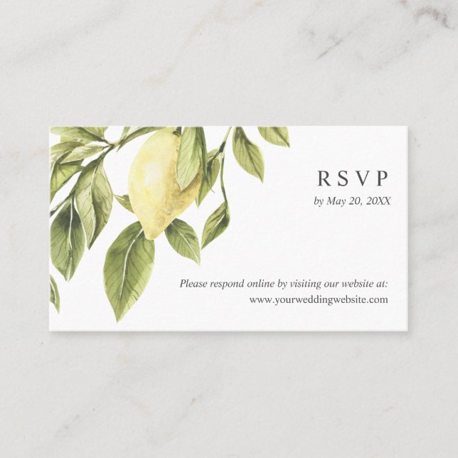 Tarjeta De Visita El limón amarillo deja el sitio web Wedding RSVP (Anverso)