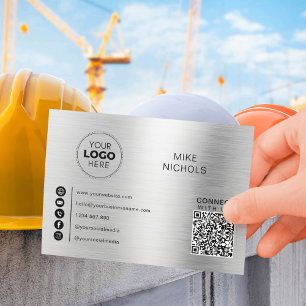 Tarjeta De Visita El Logotipo De Código QR Metálico De Plata Conecta