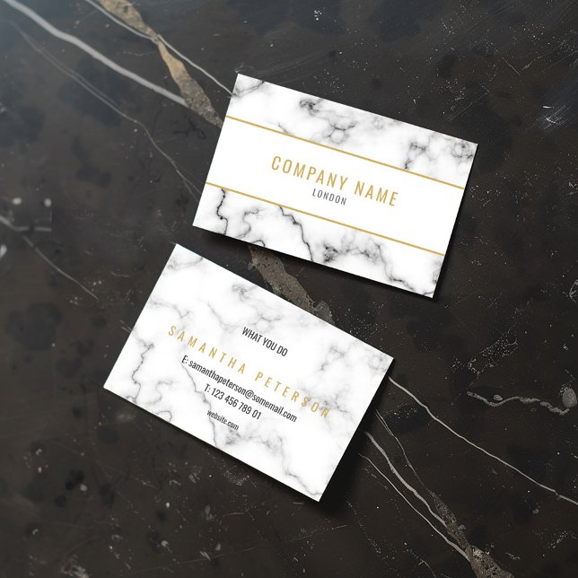 Tarjeta De Visita El mármol blanco y dorado de lujo (Elegant white and gold business card with a marble design, featuring a minimalist layout on marble)