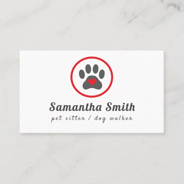Tarjeta De Visita El Mascota de Dog Walker Sitter Paw Heart (Anverso)
