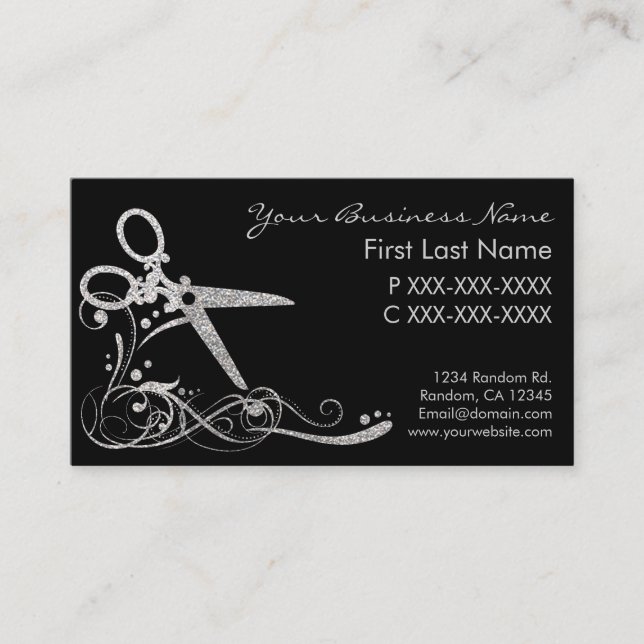 Tarjeta De Visita El pelo negro de plata del remolino del purpurina (Anverso)