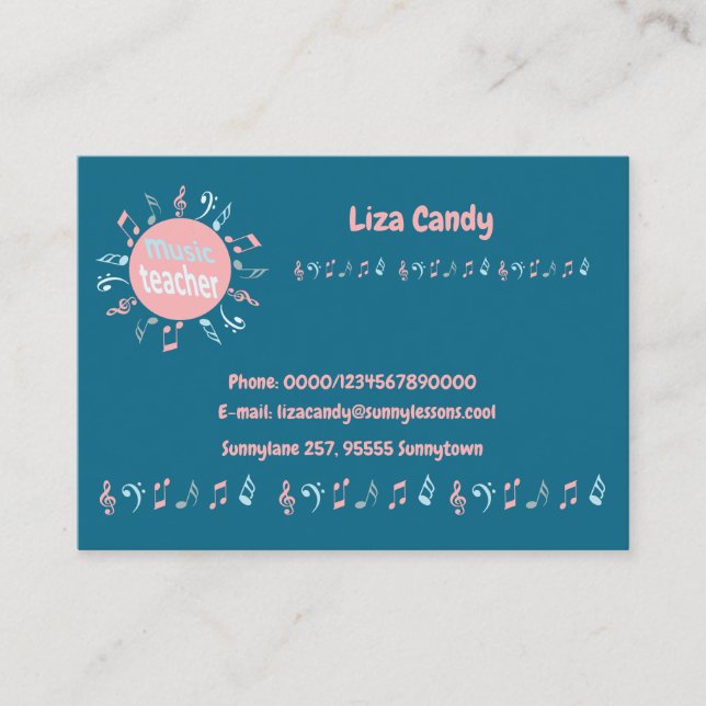 Tarjeta De Visita El profesor de música elegante nota fondo azul (Anverso)