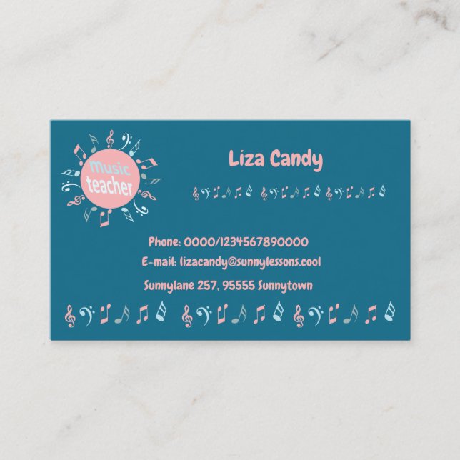 Tarjeta De Visita El profesor de música elegante nota fondo azul (Anverso)