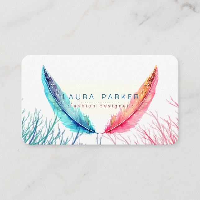 Tarjeta De Visita El rosa verde azulado empluma la turquesa de Boho (Anverso)