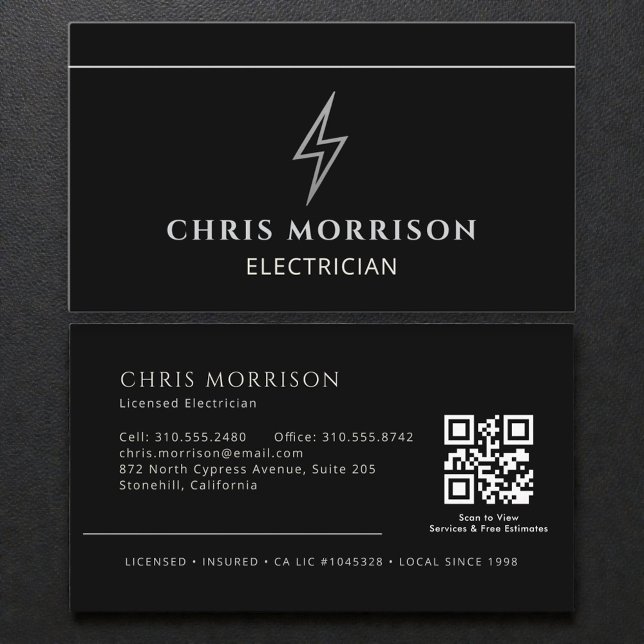 Tarjeta De Visita Electrician Black & Silver Professional QR Code (Subido por el creador)