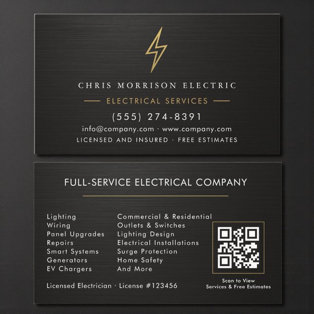 Tarjeta De Visita Electrician Metallic Black Gold Electrical Service (Subido por el creador)
