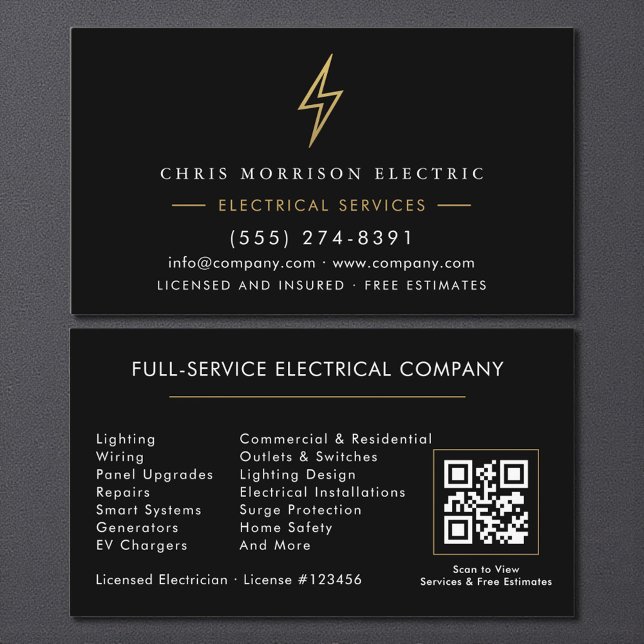 Tarjeta De Visita Electrician – Modern Black Gold Electrical Service (Subido por el creador)