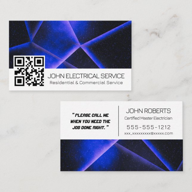 Tarjeta De Visita Electricidad de Geometría Azul Sleek con código QR (Anverso / Reverso)