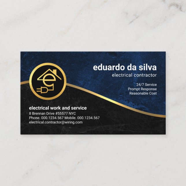 Tarjeta De Visita Electricidad de Ola de Oro Azul Negro Grunge (Anverso)