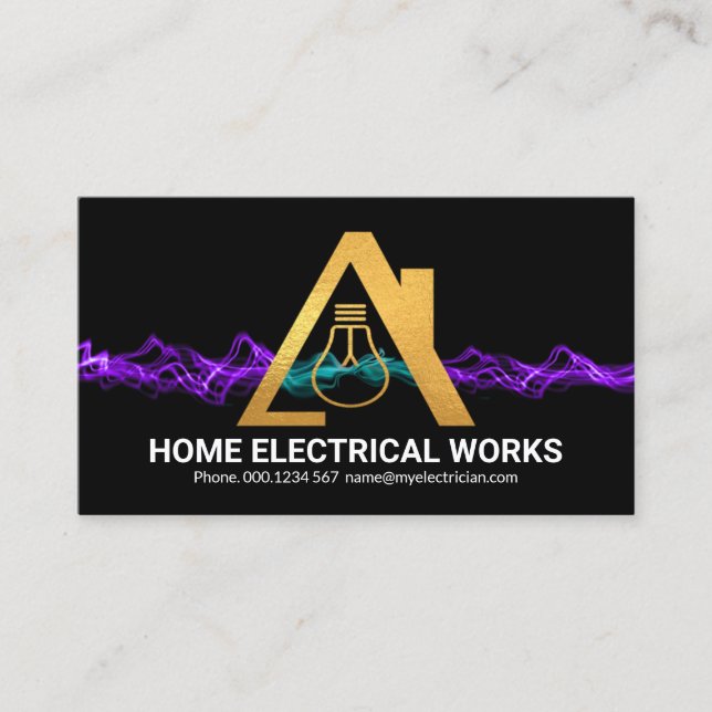 Tarjeta De Visita Electricista doméstico Purple Lightning de oro (Anverso)