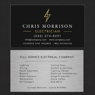Tarjeta De Visita Electricista Metálico Moderno Negro Oro