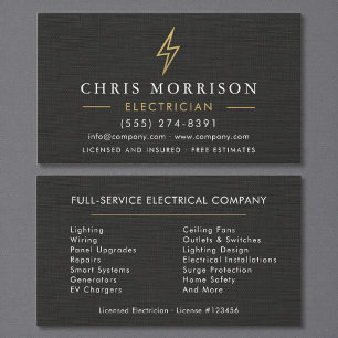Tarjeta De Visita Electricista Minimalista Negro Lino Dorado