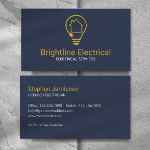 Tarjeta De Visita Electricista moderno bombilla azul marino dorado m