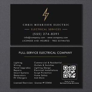 Tarjeta De Visita Electricista – Servicio Eléctrico Moderno Negro Or