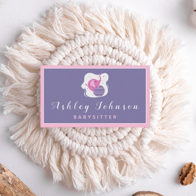 Tarjeta De Visita Elefante Adorable Bebé Rosa y Morado Niñera (Subido por el creador)