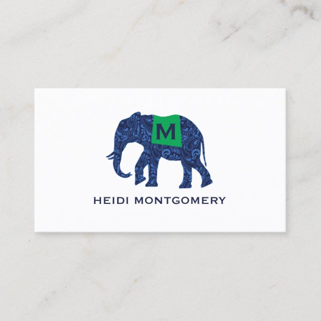 Tarjeta De Visita Elefante azul con monograma (Anverso)