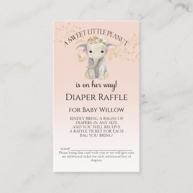 Tarjeta De Visita Elefante Diaper Temático Raffle Bebé Ducha (Anverso)
