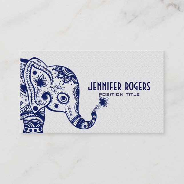 Tarjeta De Visita Elefante Floral Azul sobre fondo de encaje blanco (Anverso)